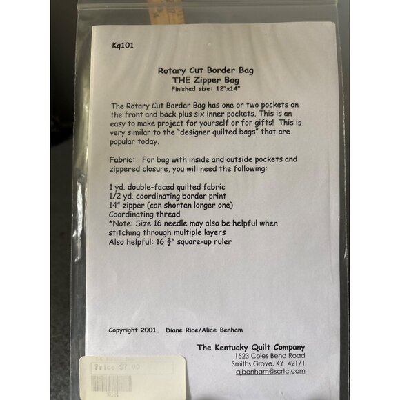 Rotary Cut Border Bag Pattern Zipper Closure Pockets Kentucky Quilt Company 2001 - Picture 2 of 4